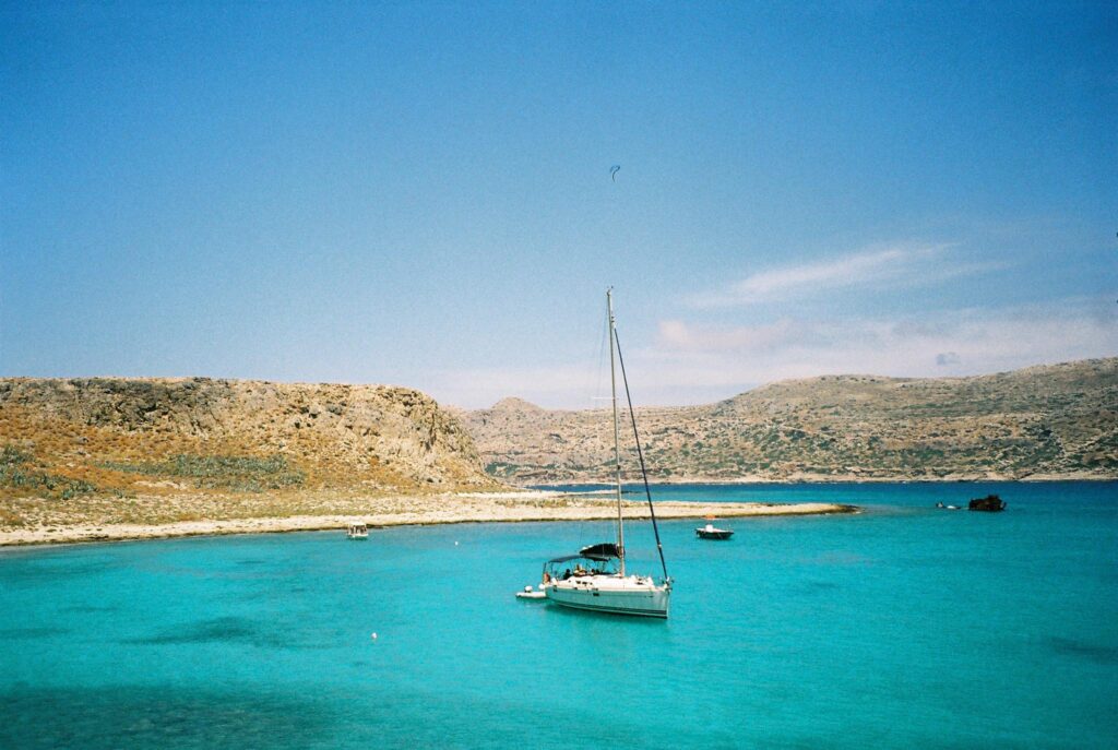 Balos Lagoon Crete, with a boat in the water