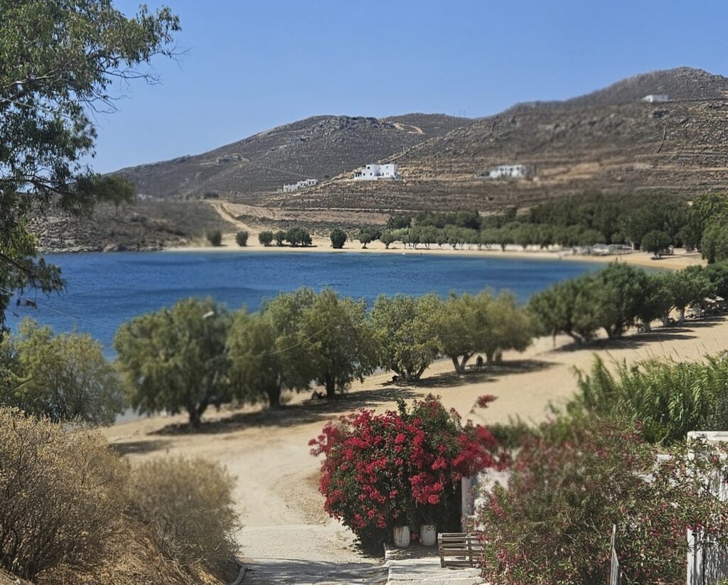 downhill path to serifos island livadakia beach with trees and flowers, blue clean waters