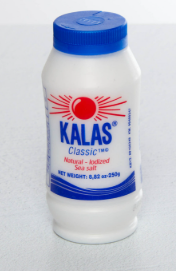 a bottle of Greek Kalas brand sea salt white bottle with red sun icon and blue writing